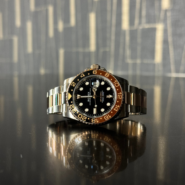 Rolex GMT Master-ll Rootbeer Bi Metal Rose Gold Black Dial Tone