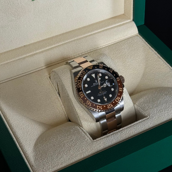 Rolex GMT Master-ll Rootbeer Bi Metal Rose Gold Black Dial Tone