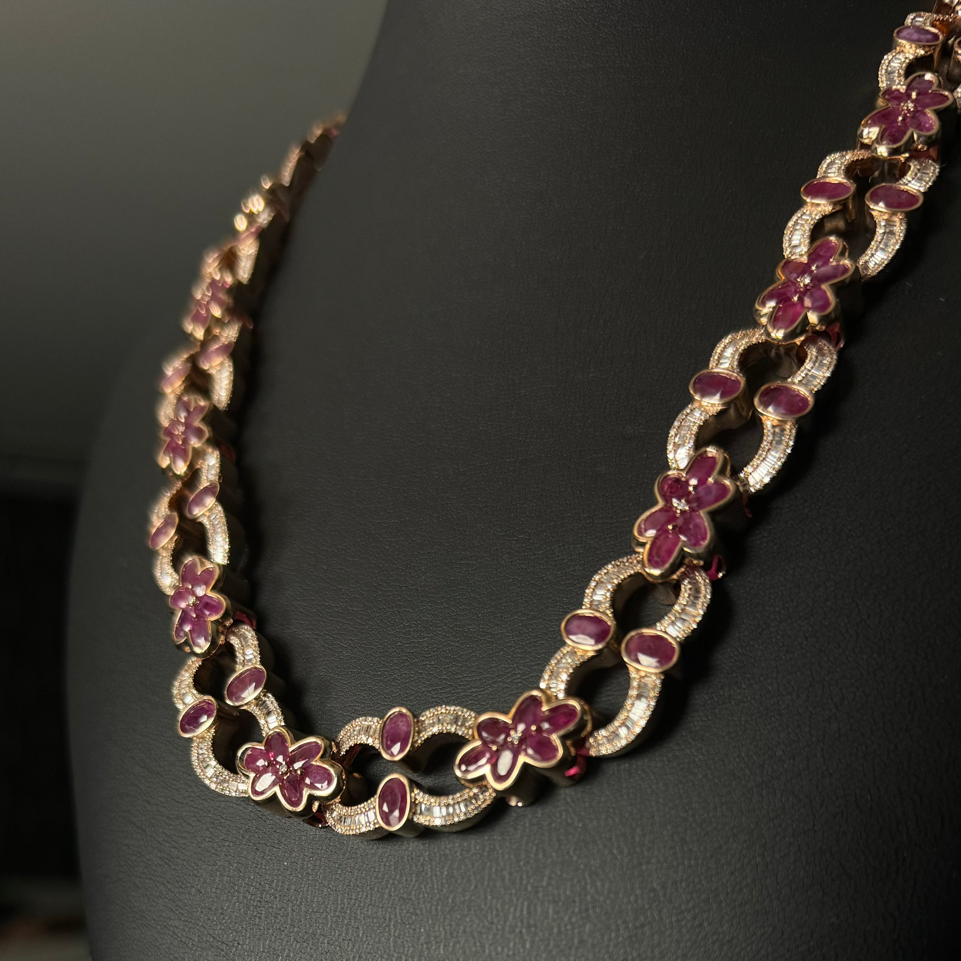 Rose Gold Pink Flower Natural Diamond Necklace 10KT