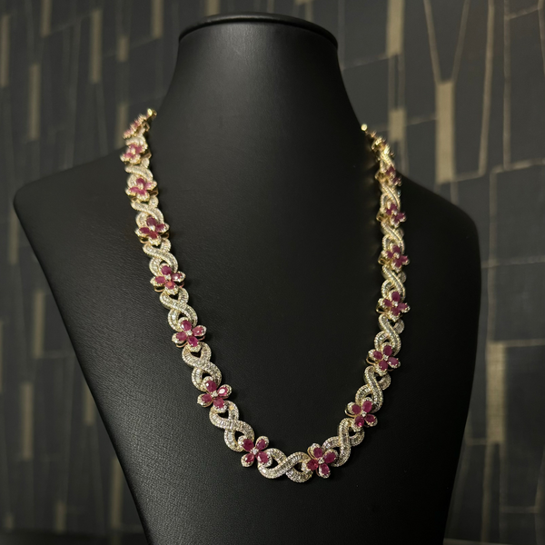 Yellow Gold Pink Flower Natural Diamond Necklace 10kt