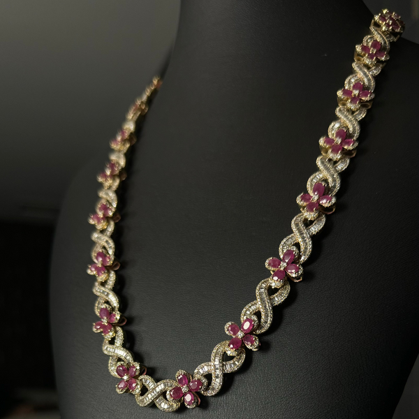 Yellow Gold Pink Flower Natural Diamond Necklace 10kt