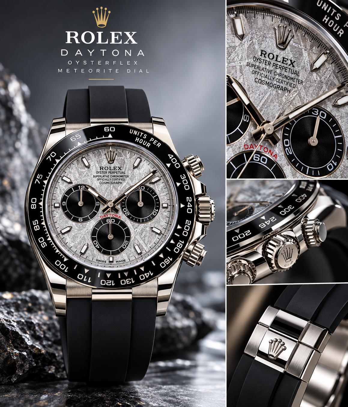 Rolex Daytona Oysterflex Meteorite Dial wristwatch shown in a split detail layout. The main view features a stainless steel case, black bezel, black rubber strap, and a silver-gray textured dial with black chronograph subdials.